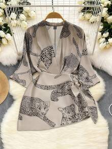 Women's Elegant V-Neck Tie Leopard Print Loose Blouse For Daily Wear - Multicolor - View 1