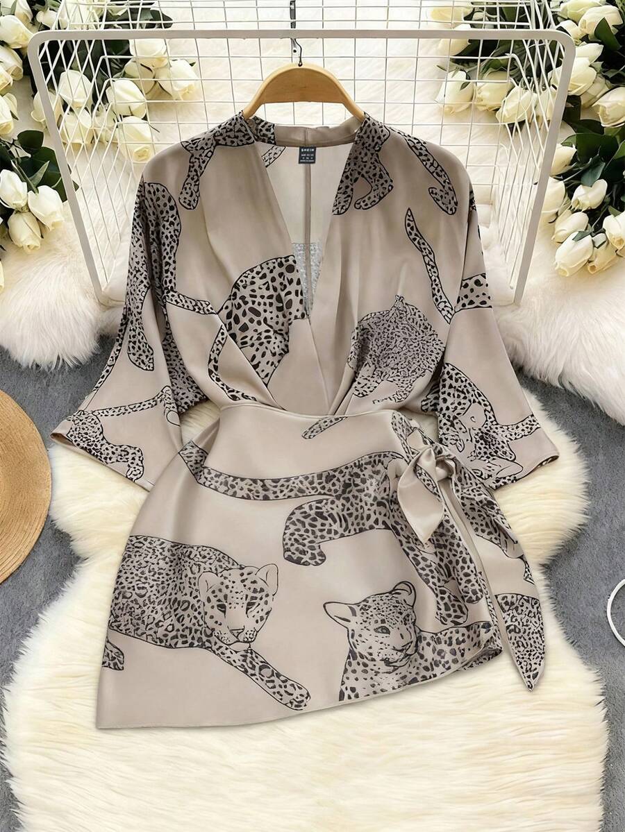 Women's Elegant V-Neck Tie Leopard Print Loose Blouse For Daily Wear - Multicolor - View 1