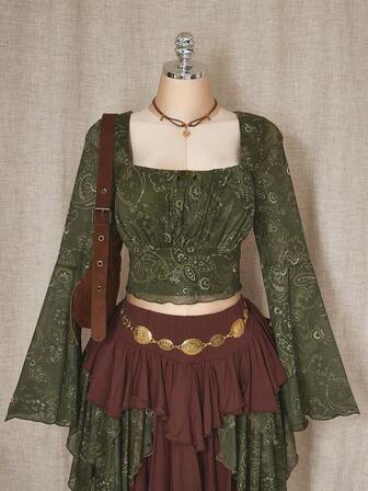 SHEIN ICON 女式加大码复古佩斯利图案绿色方领修身长袖 T 恤