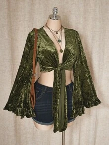 SHEIN ICON 大码女式复古荷叶边领带绿色天鹅绒衬衫 - 綠色 - 查看 3