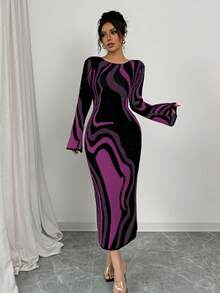 Elenzga Women's Color Block Fitted Waist All-Over Print Long Sleeve Sweater Dress - Purple - View 4