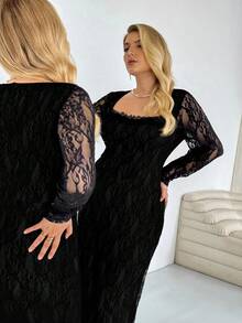 Auralis New Plus-Size Ladies' And Party, Date And Evening Dress, Sexy S-Shaped Lace Long-Sleeved, Cup, Fishbone, Square Neck Tight, Bodycon Black Extra-Long Dress, Sexy And Elegant Ladies' Dress,Wedding Guest Dress Women Dresses For Women Elegant Elegant Dresses For Women Birthday Dress Dresses For Women Dresses For Women Party Lace Dress Dresses Spring - Black - View 5