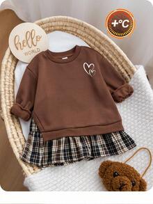 Firerie Kids Firerie Kids Young Girls Plush Thickened Sweatshirt Patchwork Plaid Skirt Sweatshirt Dress, Retro Fashion Versatile Casual Everyday Wear - Mocha Brown - View 6