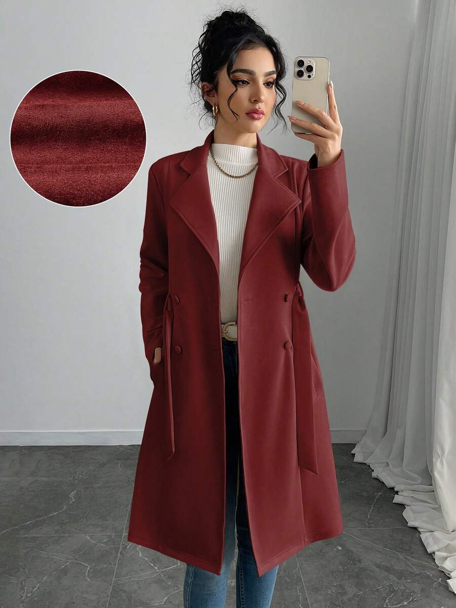 Rafferiza Women's Solid Color Faux Suede Double-Breasted Side Pocket Regular Jacket - Red - View 1