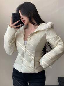 DAZY 女式休闲毛领拼布棉服外套，秋冬 - 米色 - 查看 5