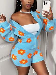 BamGleam Áo len nữ hai mảnh cardigan dệt kim dài nút trắng cam vàng họa tiết hoa áo vest nhỏ hở rốn ngắn thường ngày gợi cảm du lịch nghỉ dưỡng thường ngày tiệc tùng quần áo nữ xuân thu hè đông thu - Màu xanh lam - Xem 3