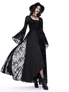 Breakform 女式哥特式纯色两件套连衣裙，可调节肩带，收腰，不对称下摆，包括 V 领带吊带裙和喇叭袖高开衩植绒花卉覆盖连衣裙 - 黑色 - 查看 3