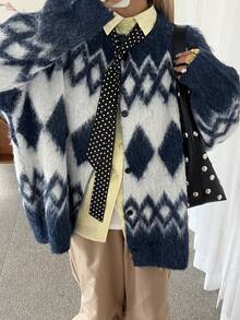 Livesso Autumn/Winter Collegiate Style Casual Business Loose Fit Geometric Pattern Thick Knit Cardigan For Women - Navy Blue - View 1