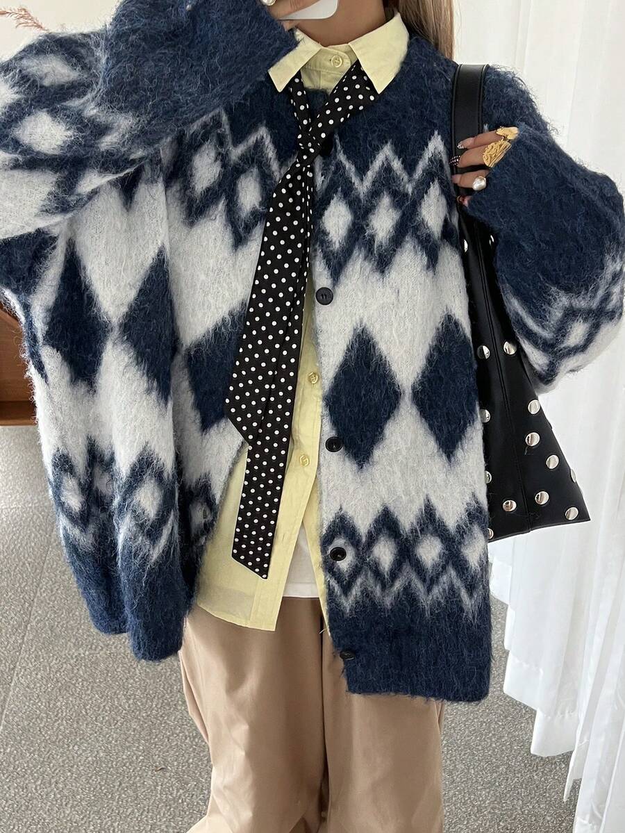 Livesso Autumn/Winter Collegiate Style Casual Business Loose Fit Geometric Pattern Thick Knit Cardigan For Women - Navy Blue - View 1