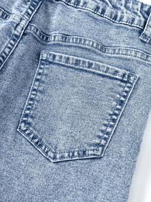 Teen Girls Casual Fashionable Versatile Blue Washed Denim 2-Piece Set, Detachable Furry Collar Design Simple Denim Top + Skinny Stretch Denim Pants, Essential Autumn/Winter Item For Stylish Girls