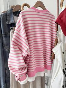Resyla Korean Style Fashionable Versatile Colorful Striped Pattern Sweatshirt, Suitable For Outerwear, Photography, Camping, Autumn, Winter, Back To School, Women's Regular Crew Neck