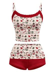 Y2Kool Amafemora 裸色与红色撞色圣诞星、爱心、纸杯蛋糕、拐杖糖、饼干印花Y2K街头风两件套蕾丝拼接套装，适合秋冬季、居家聚会、节日、圣诞节、日常穿着。可爱两件套，樱桃图案女装，可爱套装，女士可爱两件套。 - 彩色 - 查看 2