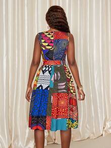 Eryvara Váy không tay cổ tròn họa tiết hỗn hợp Châu Phi dành cho nữ, họa tiết ngẫu nhiên - Nhiều màu - Xem 2