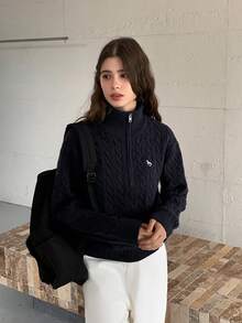 DAZY Teen Girl Solid Color Half-Zip Dropped Shoulder Long Sleeve Cable Knit Casual Pullover Sweater - Navy Blue - View 4
