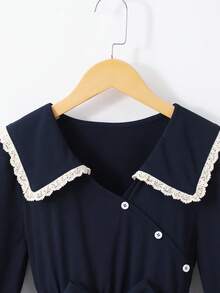 SHEIN Elegant Commuter Fashion Solid Color Ruffled Collar Chic Textured Fabric Preppy French Style Dress For Tween Girls - Navy Blue - View 4