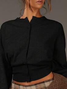 Athîral 女式时尚百搭纯色束腰喇叭袖开衫 - 黑色 - 查看 4