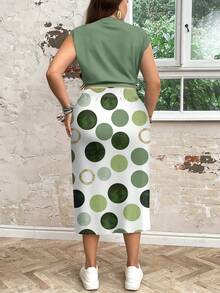 SHEIN LUNE 2 件套波尔卡圆点印花休闲宽松圆领裙套装加大码适合秋冬季裙子两件套