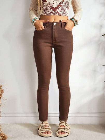 EMERY ROSE Women's Casual Simple Solid Color Button Pocket Jeans,New Autumn And Winter Brown Pants, Brown Leggings, Brown Stretch Skinny Jeans