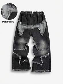 SHEIN Bolty Young Boy Distressed Fashion Frayed Patchwork Star Decor Loose Fit Black Denim Jeans Fall Winter,Fall/Winter Daily Wear,Streetwear, Halloween,Christmas,New Year,Thanksgiving - Black - View 7