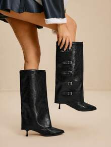 Daringsoles 时尚百搭休闲纯色尖头及膝靴，适合日常外出，秋冬 - 黑色 - 查看 3