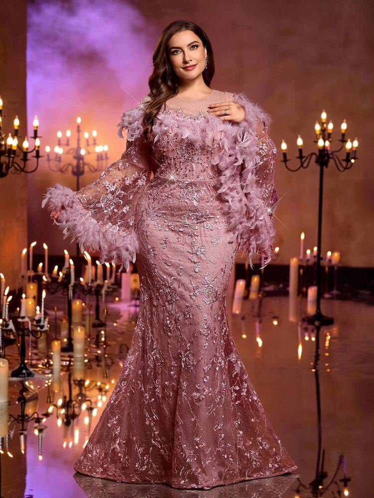Glamrae Plus Size Elegant Romantic Dark Pink Round Neck Sheer Mesh Inlaid Sequins Diamond Feather Patchwork Floral Embroidery Mermaid Hem Luxury Beaded Formal Dress, Suitable For Wedding, Celebration, Party, And Important Occasions (Ostrich Feather) - Dusty Pink - View 7