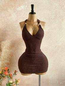 Soleia 女式夏季时尚扭纹后背纹理迷你连衣裙 - 棕色 - 查看 4