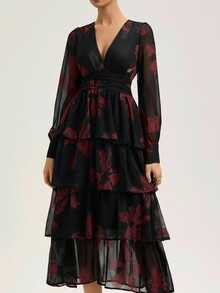 Revavyn 优雅淑女分层蛋糕连衣裙 V领雪纺拉丝印花长袖连衣裙/随机印花 - 彩色 - 查看 3