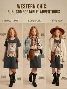 2025 Girls' Spring/Summer New Arrival Simple & Comfortable Gray T-Shirt Dress With Personalized Western Landscape Print, Expressive Style, Suitable For Outdoor Activities And Home Wear