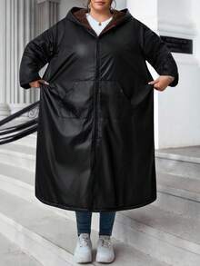 SHEIN CURVE+ Plus Size Front Zipper Long Sleeved Pocket Minimalist Black  Fabric Hooded Jacket, Casual Daily Autumn And Winter Wear, Autumn And Winter Long Jacket - Black - View 5