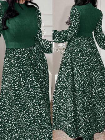 Modelyn Women's Patchwork Ditsy Floral Round Neck Lantern Sleeve Elegant Arabic Dress Emerald Dress Green Elegant Dress Women Green Dress Green Floral Dress Fall/Winter