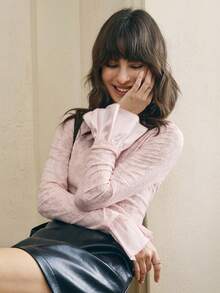 女式秋季新款法式圆领蕾丝拼接绉纱喇叭袖衬衫 - 粉色 - 查看 7