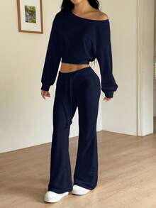 SHEIN EZwear Women's Casual Everyday Commute Simple Solid Navy Asymmetrical Neck Drop Shoulder Loose Cropped Sweatshirt And Flared Sweatpants 2 Pieces Set, Spring/Autumn Tall Two Piece Set Casual 2 Piece Set Long Sleeve Two Piece Set Pants Two Piece Set Comfortable Two Piece Set - Navy Blue - View 5