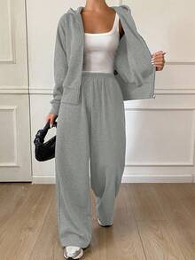 DAZY 女士休闲亮片连帽卫衣和阔腿裤两件套，秋季女士家居服套装 - 淺灰色 - 查看 4