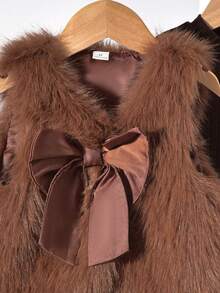 SHEIN Set Long Sleeve Girls Vintage Brown Bow Furry Vest And Turtleneck Colorblock Plaid Pleated Dress, Sweet & Cute Daily, Party - Multicolor - View 5