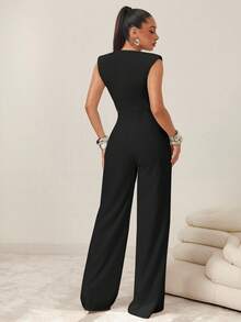 Vixey Fashionable Commuter Solid Color Sleeveless Jumpsuit - Black - View 2