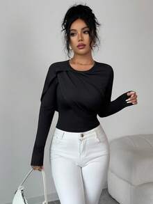 Rafferiza Women's Solid Color Round Neck Long Sleeve Ruched Fitted Fashion T-Shirt Long Sleeve Black Top Women Long Sleeve Tops Black Sexy Tops Full Sleeve Tops - Black - View 7
