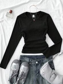 Teen Girl Black Ribbed Long Sleeve Top,Autumn Casual Graduation Style Solid Color Pleated Cozy Winter Layers For New Year,Daily,Celebration,Stylish - Black - View 5