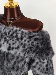 Amplova 秋冬女士时尚不对称领仿皮草豹纹夹克 - 灰色 - 查看 4