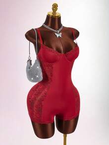 Amplova Bộ đồ liền thân màu trơn phối ren tương phản quyến rũ ôm eo dành cho nữ - Màu Đỏ Sâu - Xem 6