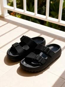 Pantuflas de EVA con hebilla ajustable cómodas antideslizantes perfectas para uso diario calzado ligero de interior exterior estilo moderno resistente ergonómico fácil limpiar sandalia mujer hombre descanso - Negro - Ver 4