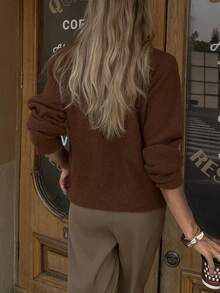 Elyressa Women's Solid Color High Neck Raglan Sleeve Zip-Up Fashionable Knit Cardigan - Brown - View 2