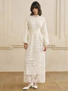 Cévolie 女式中式立领灯笼袖优雅蕾丝刺绣腰部收腰中长连衣裙，米色 - 米色 - 查看 3