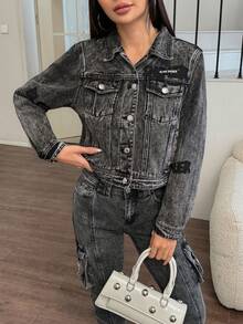 Rivivi 女式前扣口袋贴花休闲长袖牛仔夹克 - 黑色 - 查看 5