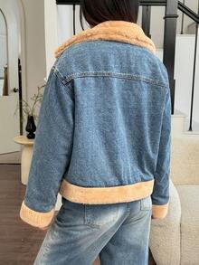 Rivivi Women's Thermal-Lined Denim Jacket With Pockets, Long Sleeve, Autumn/Winter - Blue - View 2