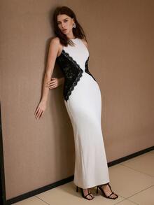 MOTF PREMIUM FITTED LACE COLORBLOCK DRESS, AUTUMN/WINTER - Beige - View 5