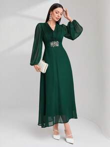 Modelyn Rhinestone Detail Lantern Sleeve Rhinestone Detail Dress Long Evening Dresses - Dark Green - View 5