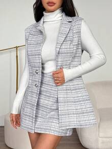 SHEIN PETITE 女式格子领双排扣背心和A字裙优雅粗花呢两件套秋冬女装套装简约日常穿搭老款通勤适合春秋冬季度假 - 灰色 - 查看 6