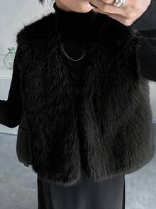 FRIFUL 女士灰色纯色无袖蓬松背心，宽松休闲百搭叠穿蓬松外套，秋季女士外套 - 黑色 - 查看 5