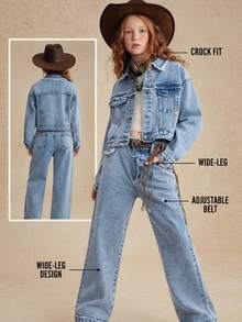 Bộ đồ denim hai mảnh cho bé gái tuổi teen, Bộ đồ denim thiết kế tua rua thời trang thường ngày đa năng, Thích hợp mặc hàng ngày, đi học, trở lại trường, chụp ảnh, du lịch và nhiều hơn nữa - Rửa trung bình - Xem 1