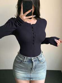 DAZY Cardigan simple à demi-boutons en couleur unie, manches longues, ajusté, pour femmes. Idéal pour le travail et les sorties quotidiennes. Printemps/Automne - Bleu marine - Voir 4